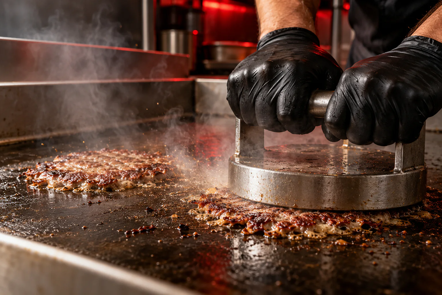 Beef patties being pressed on a flat-top griddle